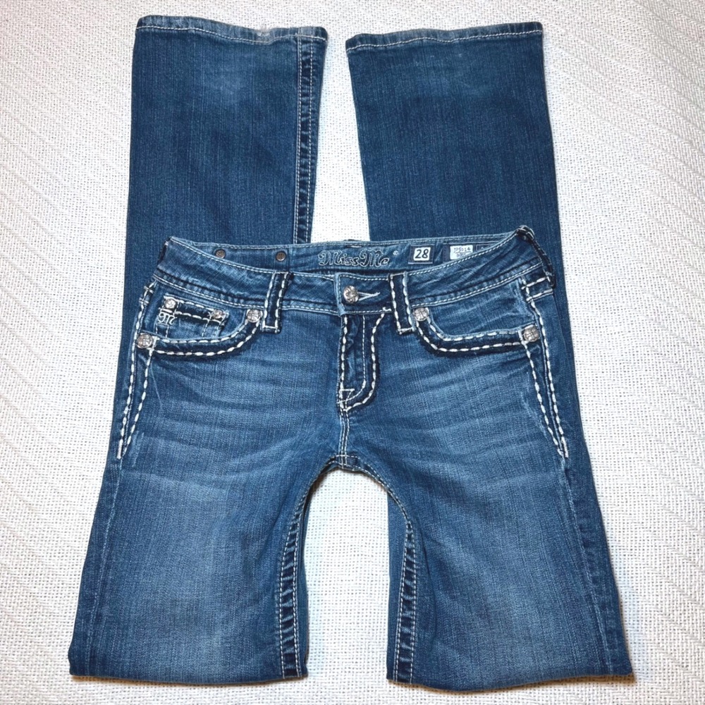 Y2K Low Rise Bootcut Miss Me Jeans Thick Stitch Mcbling Flap Pocket Size 28